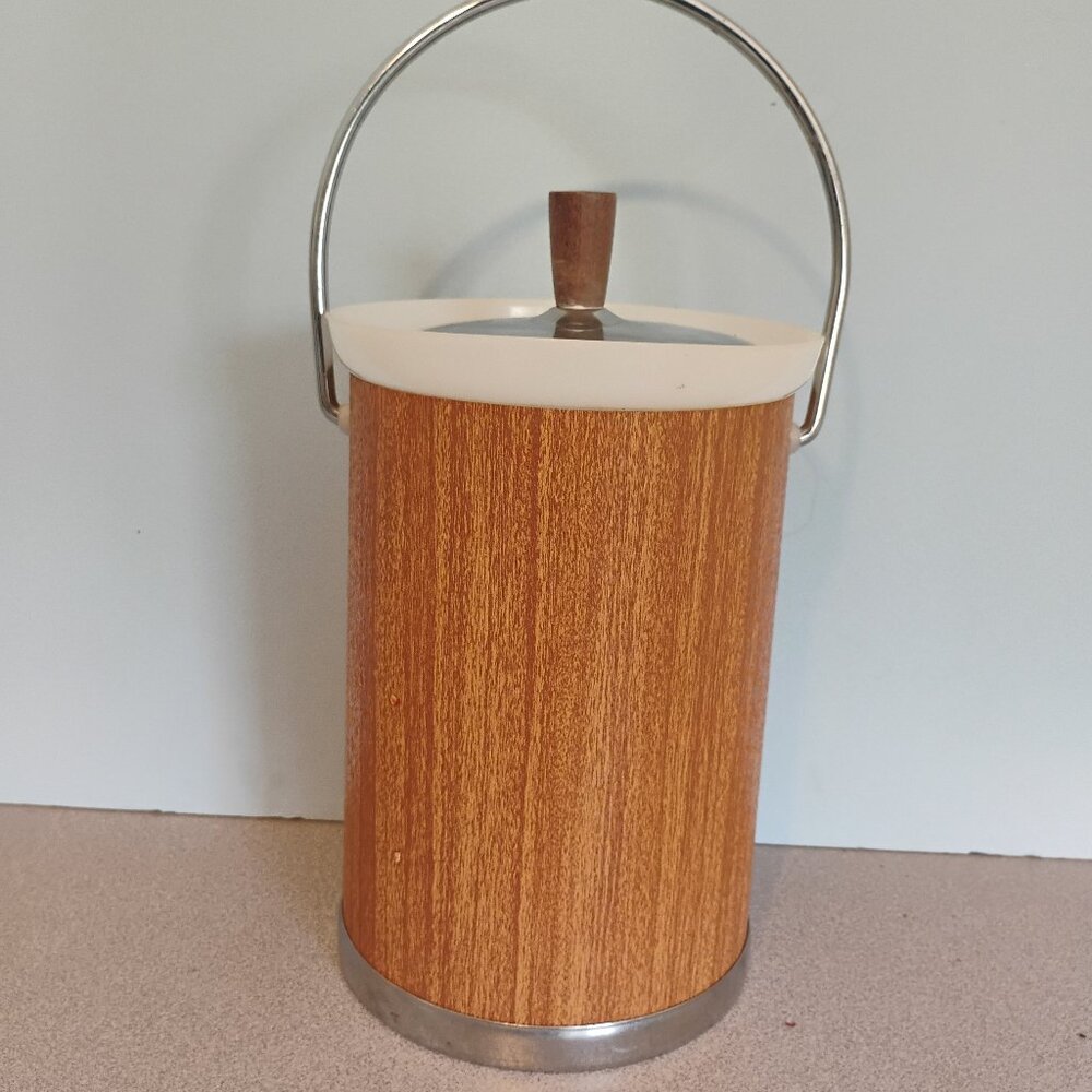 Kromex Vintage MCM Wood Grain and Chrome Ice Bucket